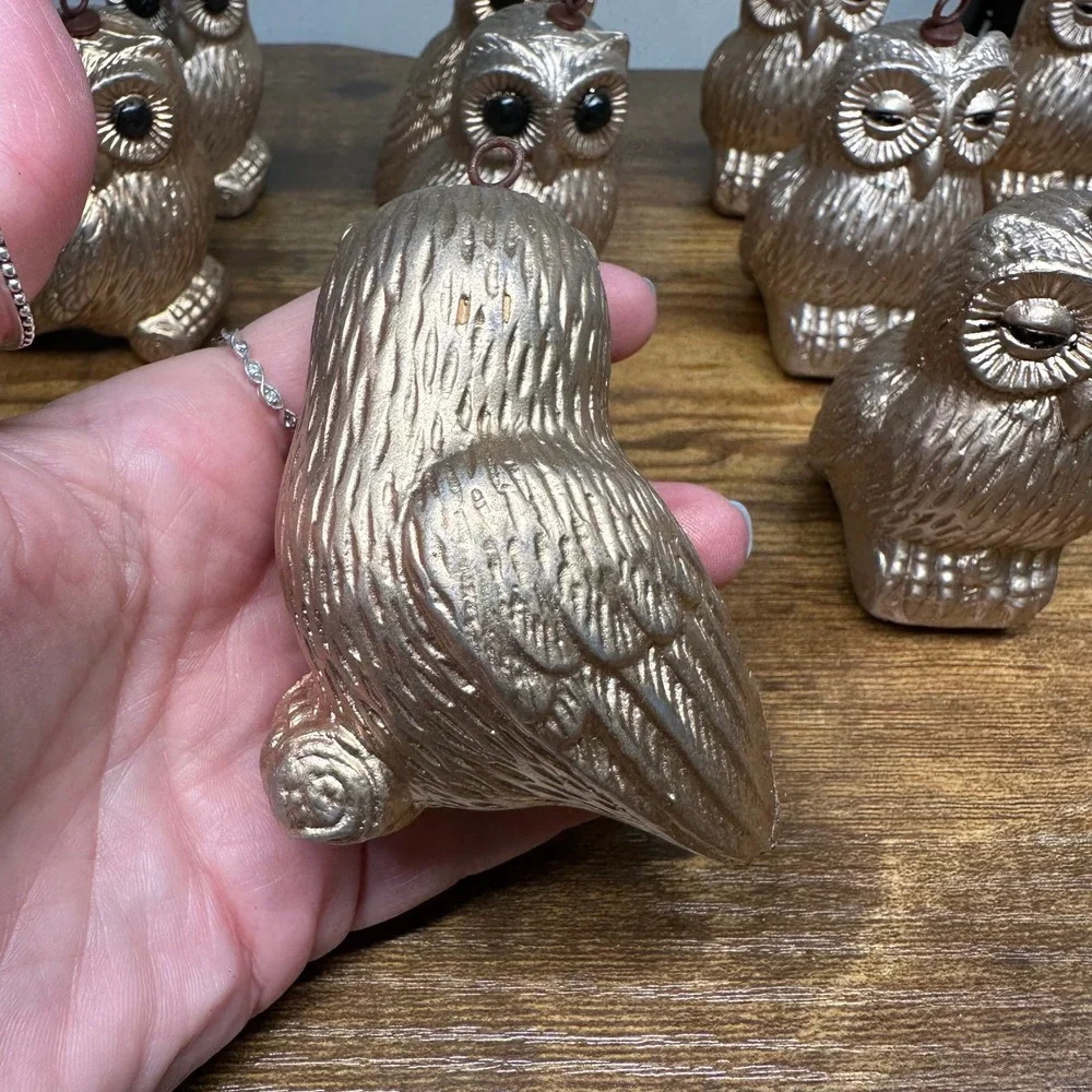Vintage Gold Owl Light Covers Ornaments Set of 11 Retro Mid Century Decor